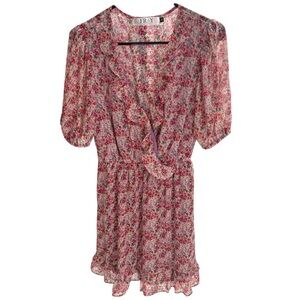Fray Boutique Women’s Size M Wrap Front Chiffon Ruffle Mini Dress Red Rose Print